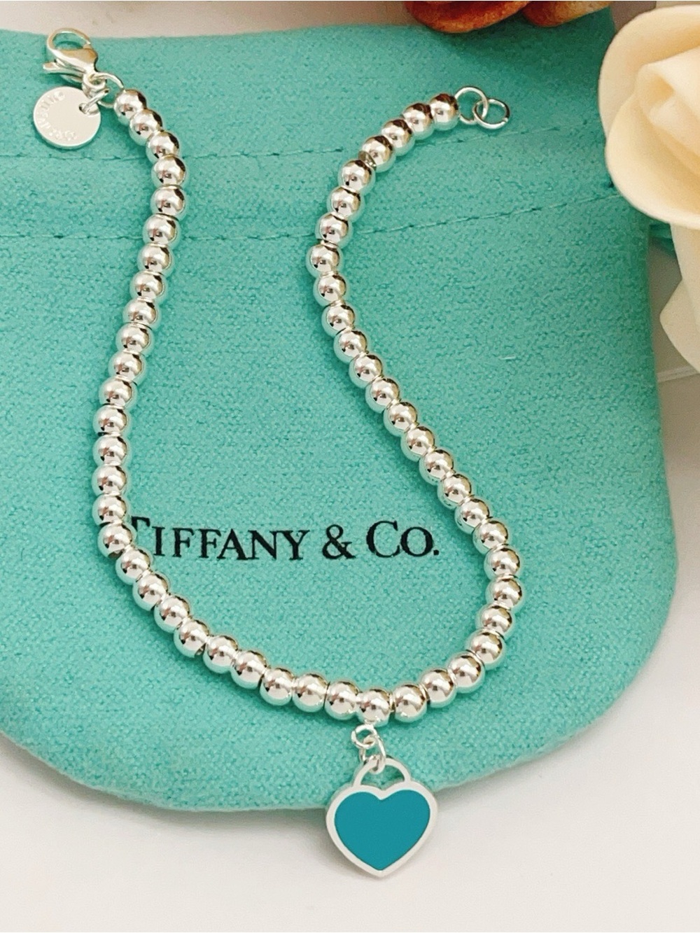 Tiffany & Co. Silver Bead Necklace with Turquoise Heart Pendant